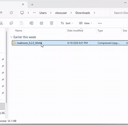 Installing Mailroom on Windows: the mailroom_0.2.0_Win64 download, the SmartScreen “Windows protected your PC” warning, clicking More info then Run anyway, and the Mailroom 0.2.0 installer opening.